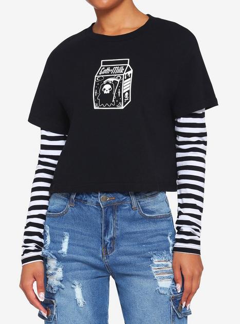 Goth Milk Black & White Twofer Girls Crop Long-Sleeve T-Shirt