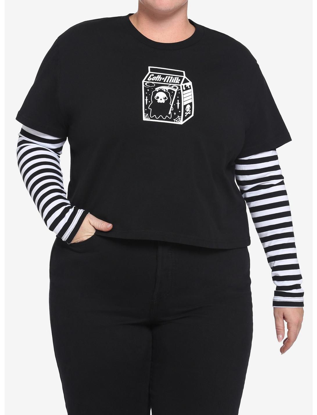 Goth Milk Black & White Twofer Girls Crop Long-Sleeve T-Shirt Plus Size, STRIPES, hi-res