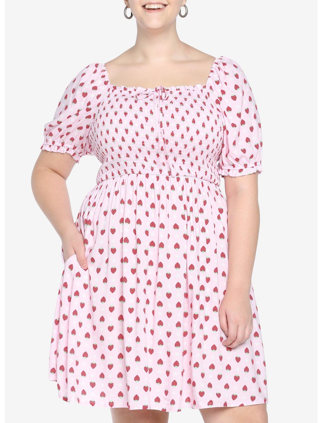 Pink Strawberry Smocked Dress Plus Size, PINK, hi-res