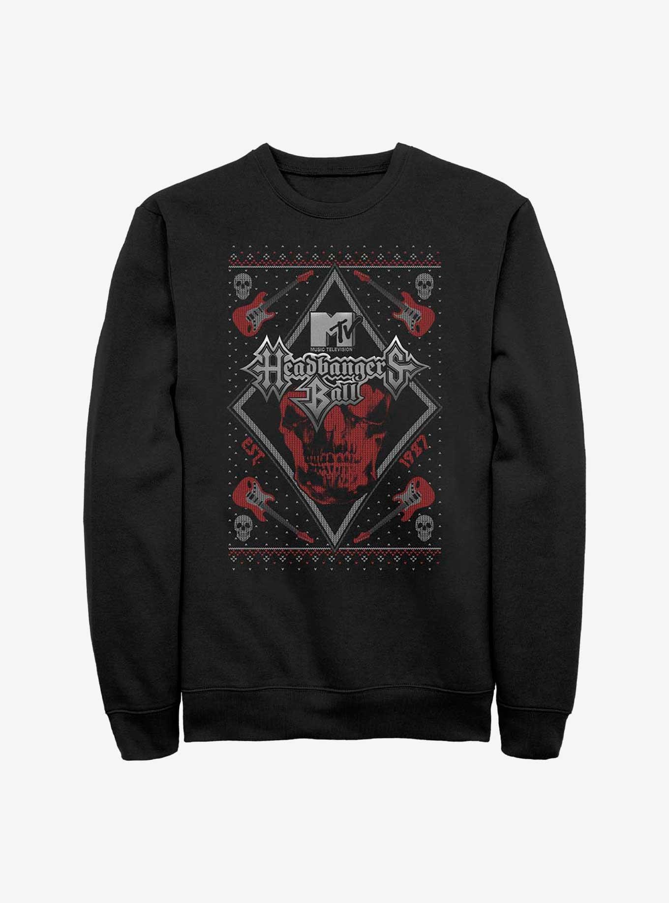 MTV Ugly Holiday Headbangers Ball Sweater Crew Sweatshirt, BLACK, hi-res