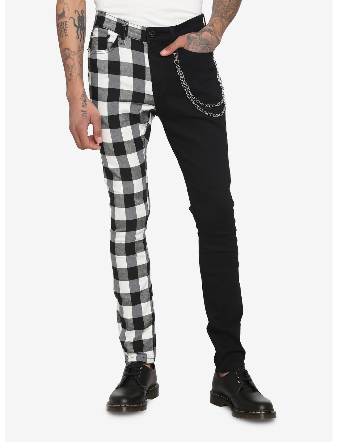 Black & White Checkered Split Leg Chain Stinger Jeans, BLACK  WHITE, hi-res