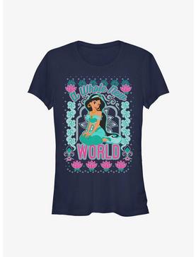 Disney Princess Jasmine World Ugly Holiday Girls T-Shirt, NAVY, hi-res