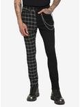 Black & White Grid Split Leg Chain Stinger Jeans, BLACK  WHITE, hi-res