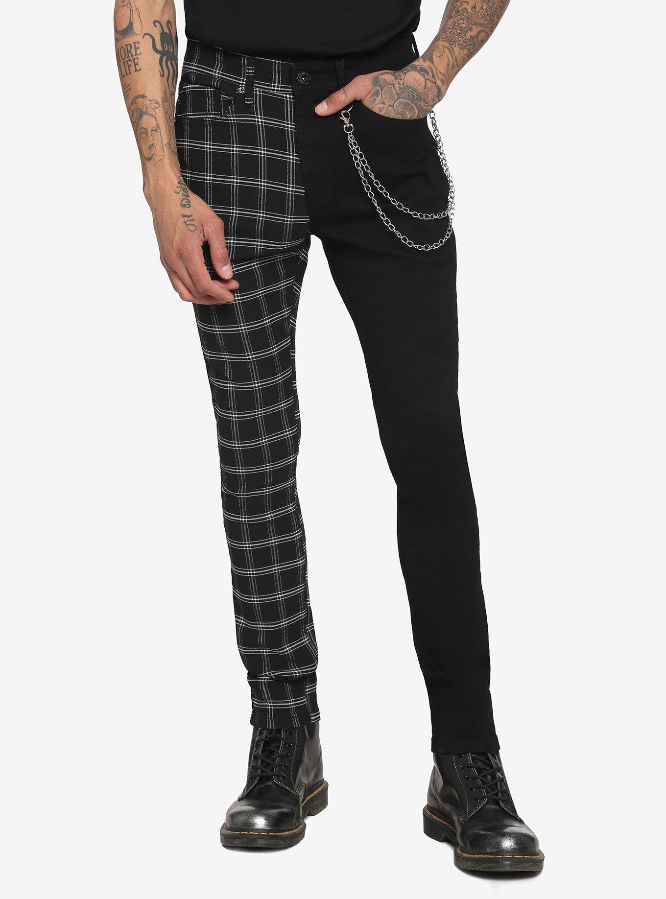 Black & White Grid Split Leg Chain Stinger Jeans | Hot Topic