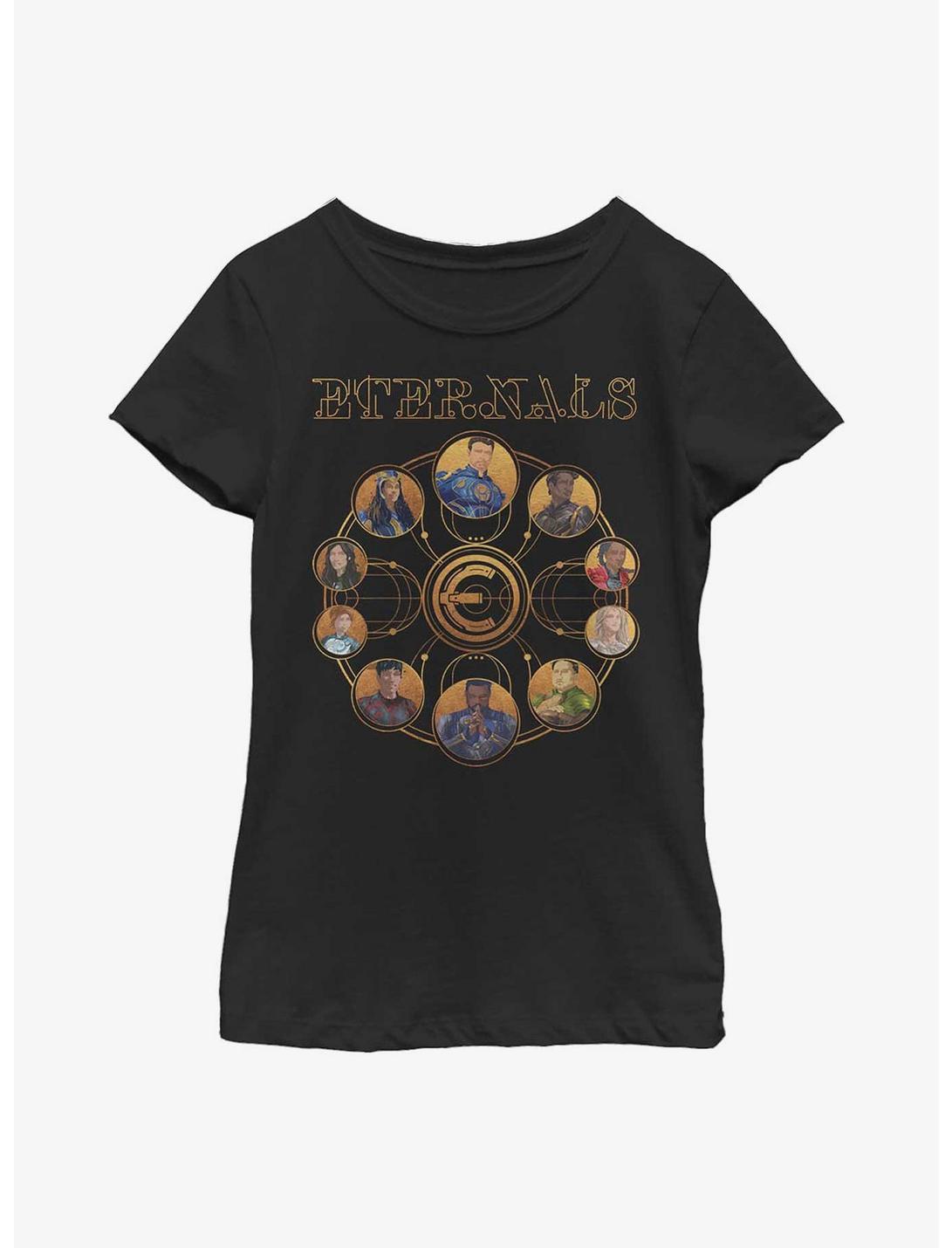 Marvel Eternals Circular Gold Group Youth Girls T-Shirt, BLACK, hi-res
