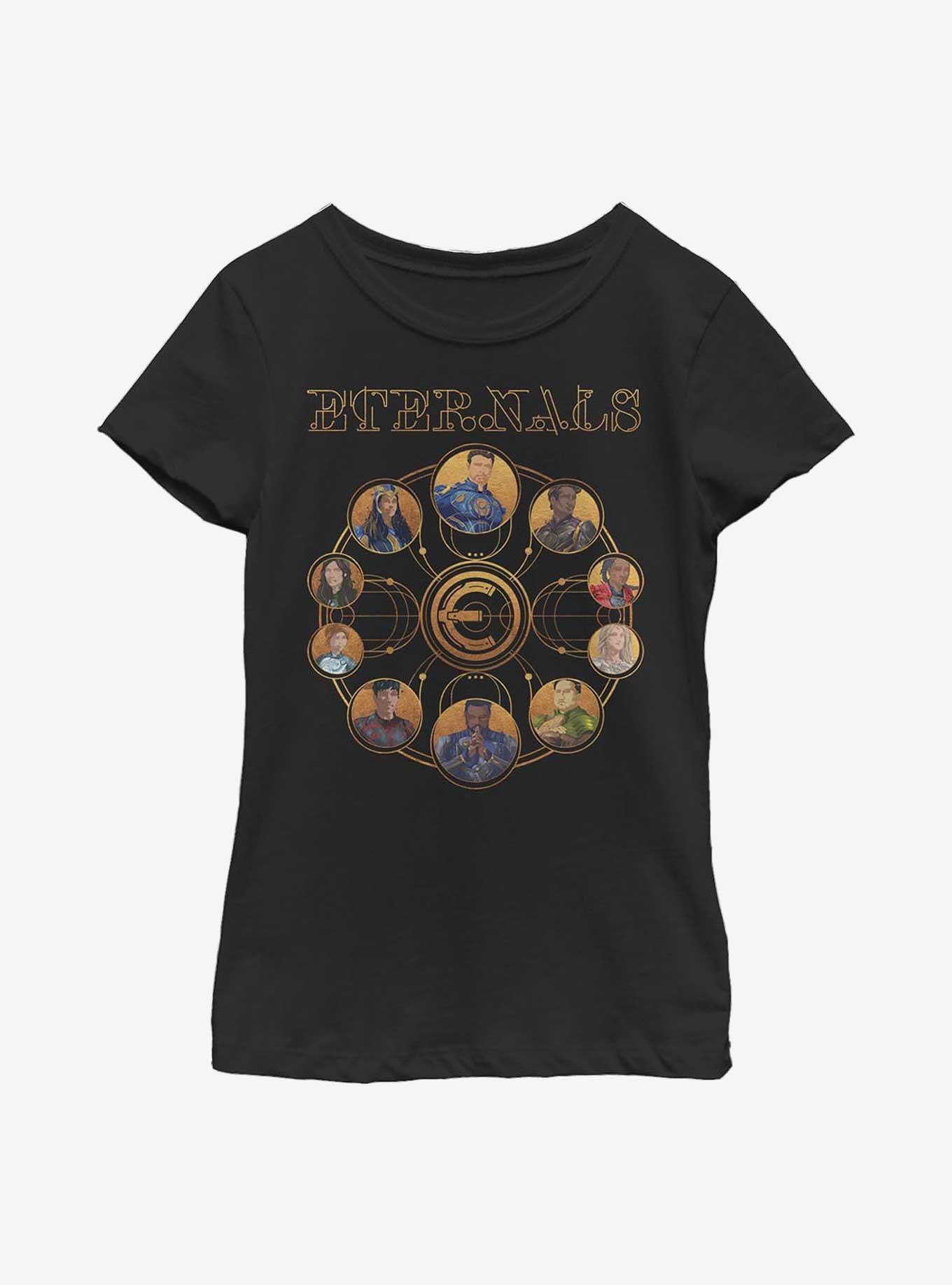 Marvel Eternals Circular Gold Group Youth Girls T-Shirt, BLACK, hi-res
