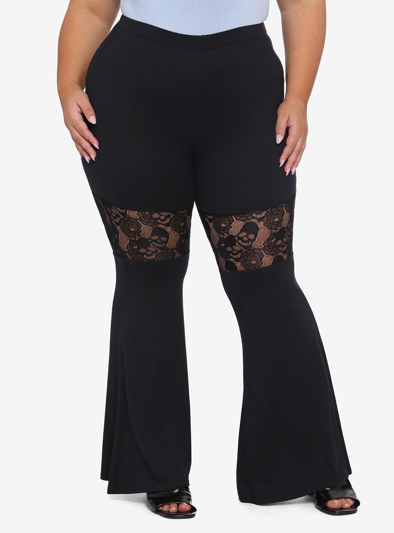 Skull Rose Lace Flared Leggings Plus Size, BLACK, hi-res