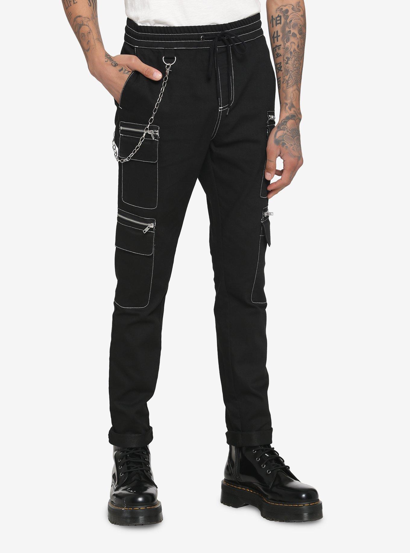Black Contrast Stitch Jogger Pants, BLACK, hi-res