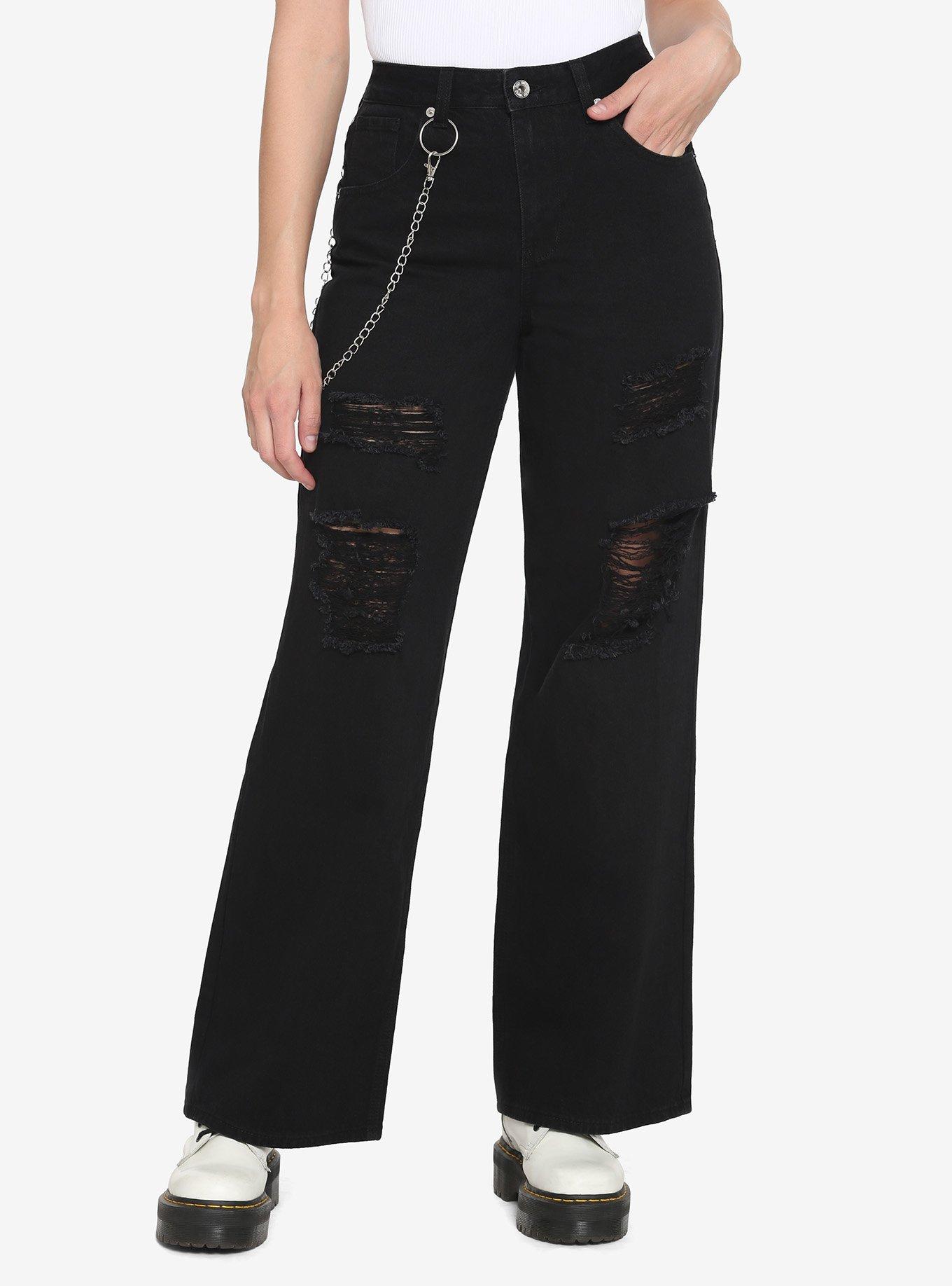 Black Destructed Side Chain Wide Leg Denim Jeans, BLACK, hi-res