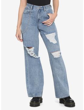 Destructed Side Chain Wide Leg Denim Jeans, , hi-res