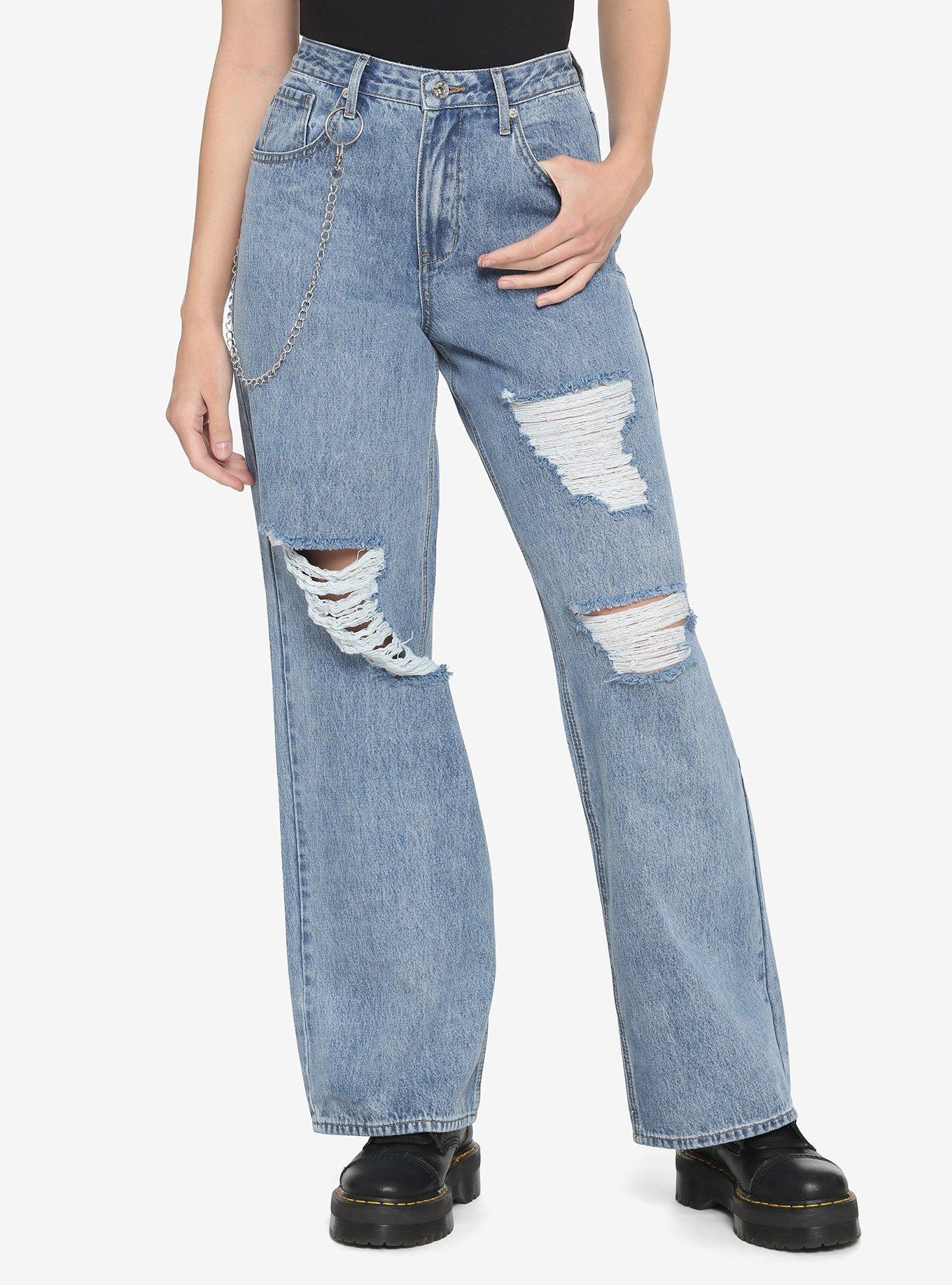 Destructed Side Chain Wide Leg Denim Jeans, INDIGO, hi-res