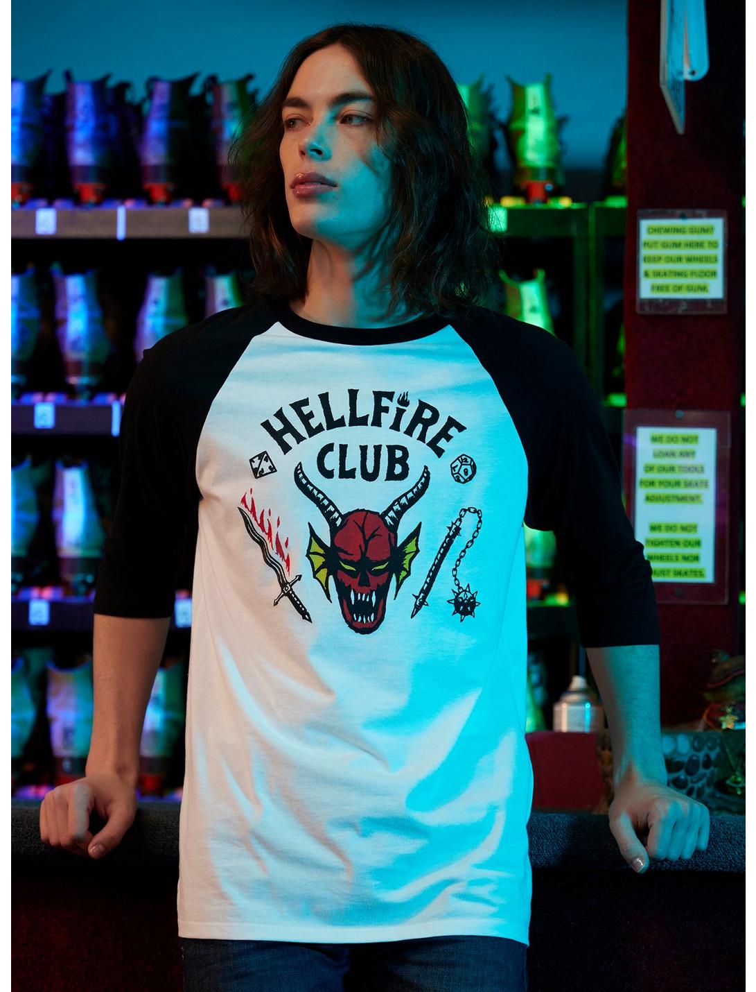Plus Size Our Universe Stranger Things Hellfire Club Raglan T-Shirt, MULTI, hi-res