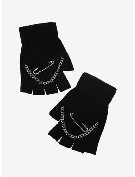 Chain & Safety Pin Black Fingerless Gloves, , hi-res