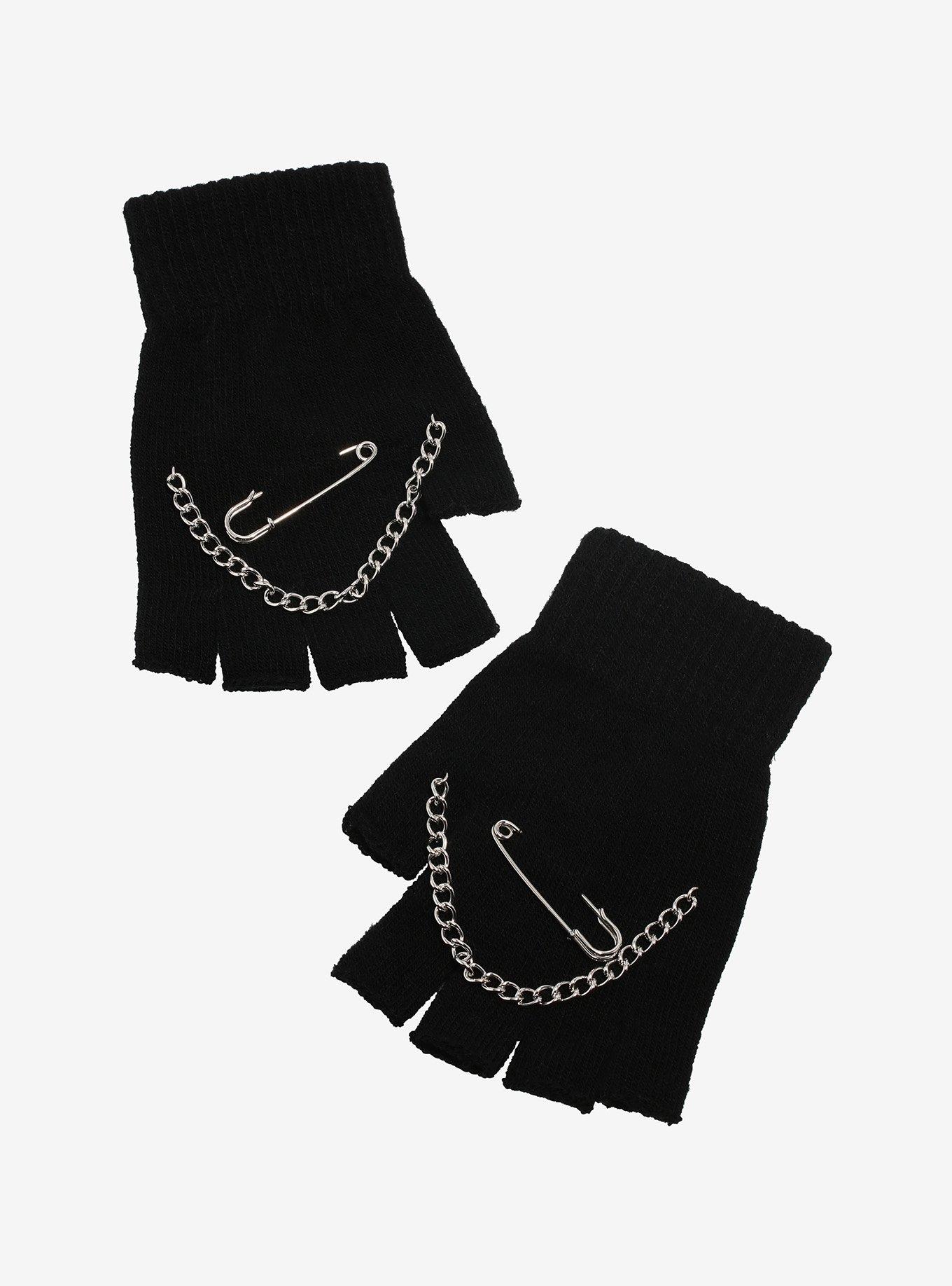 Chain & Safety Pin Black Fingerless Gloves, , hi-res