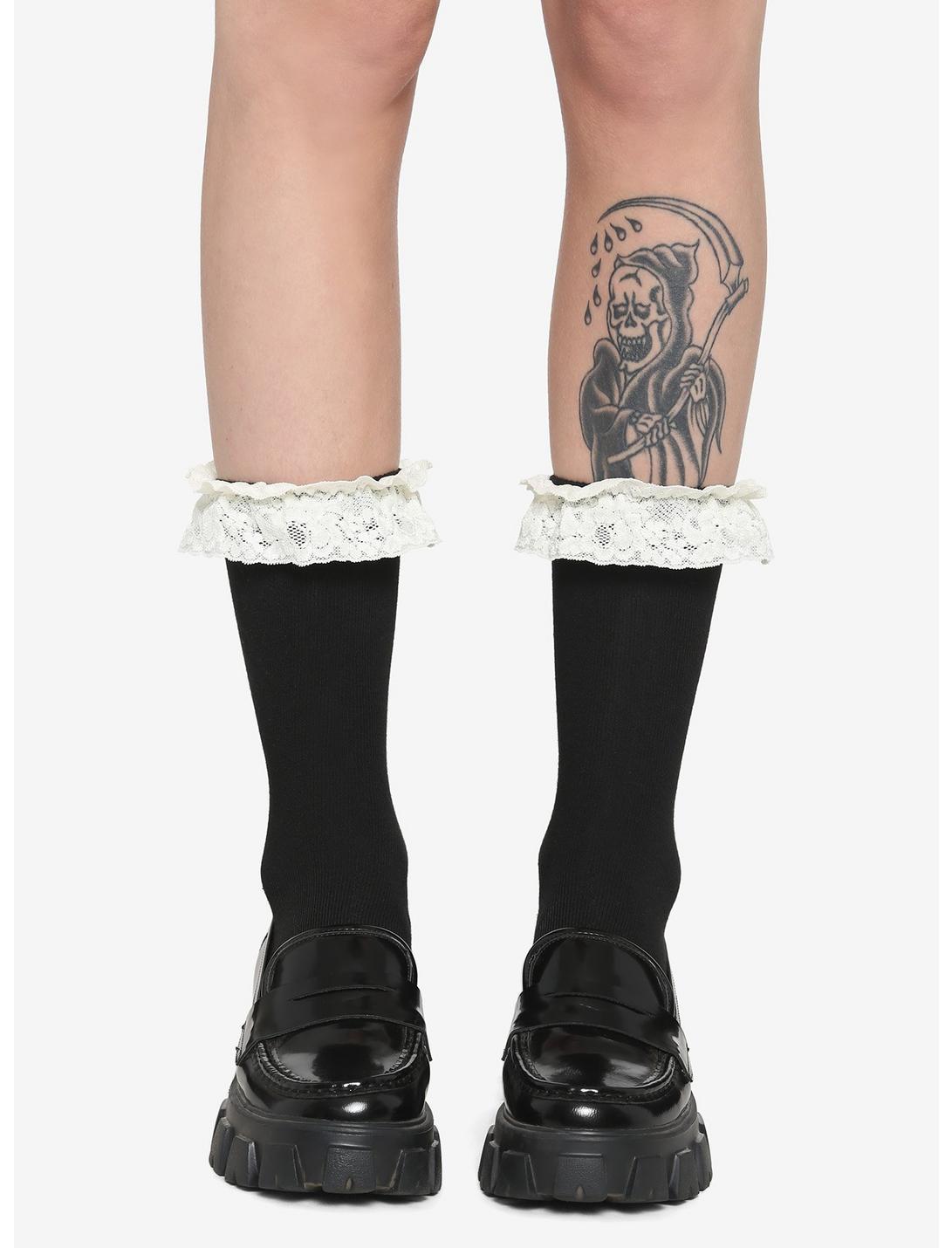 Black & Cream Lace Calf-Length Socks, , hi-res