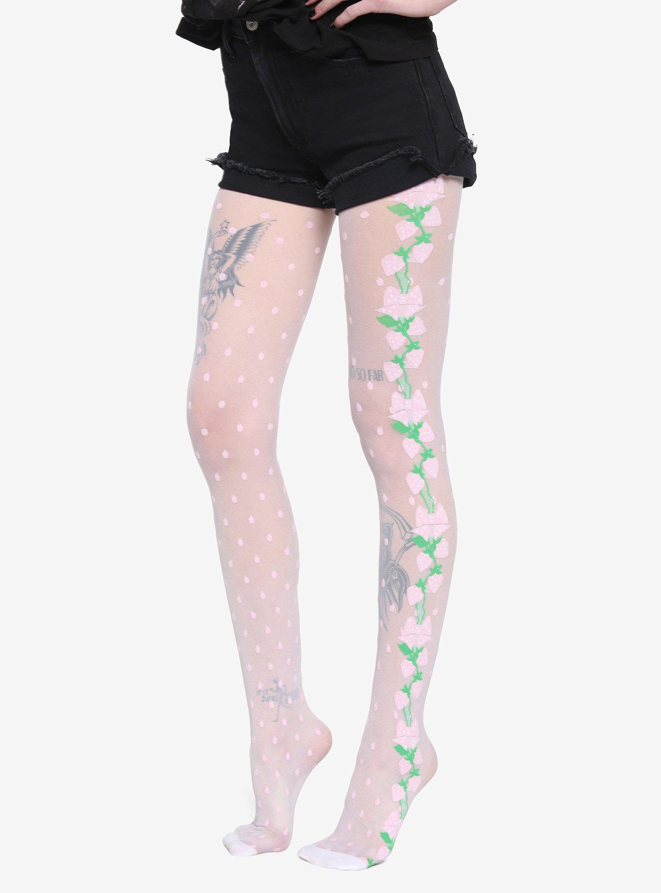 White & Pink Strawberry Vine Sheer Tights, , hi-res