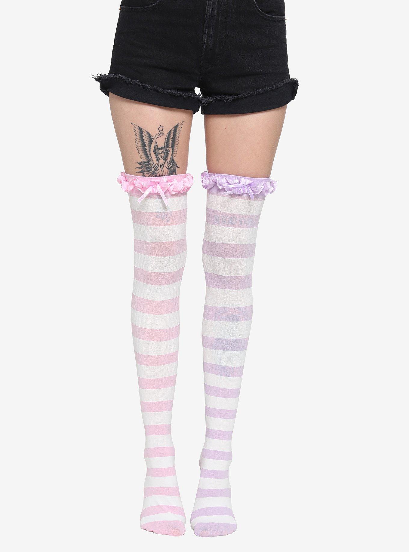 Striped Over Knee Socks Boot School Girl Black Grey White Blue Purple Pink  Anime