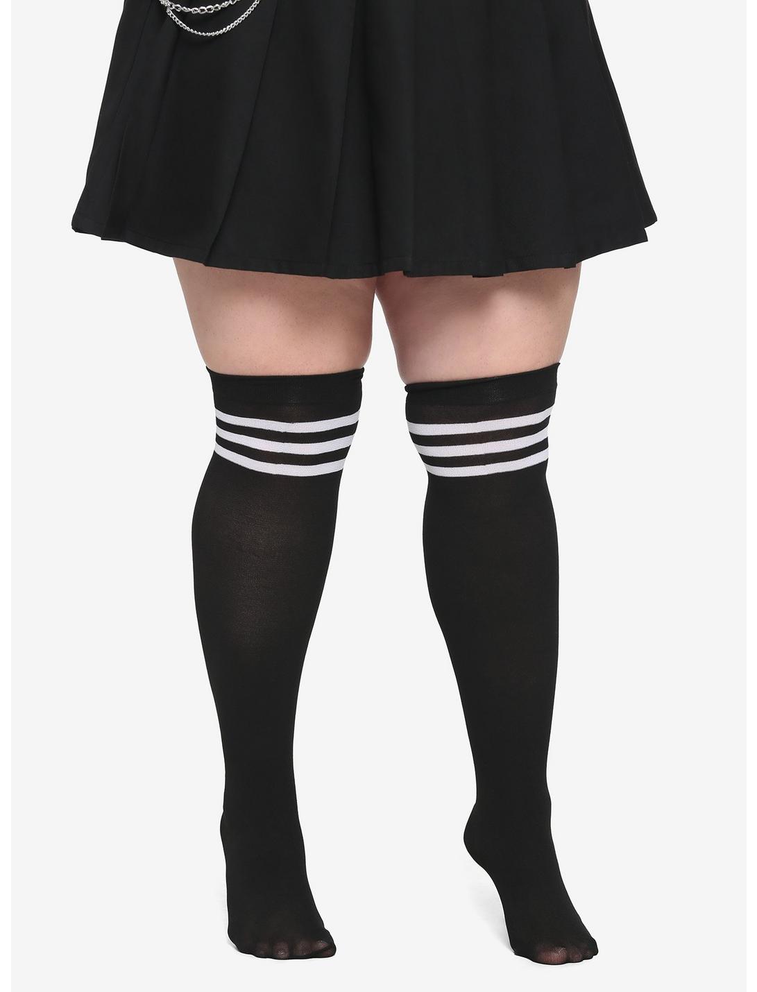 Black & White Varsity Stripe Thigh Highs Plus Size, MULTI, hi-res