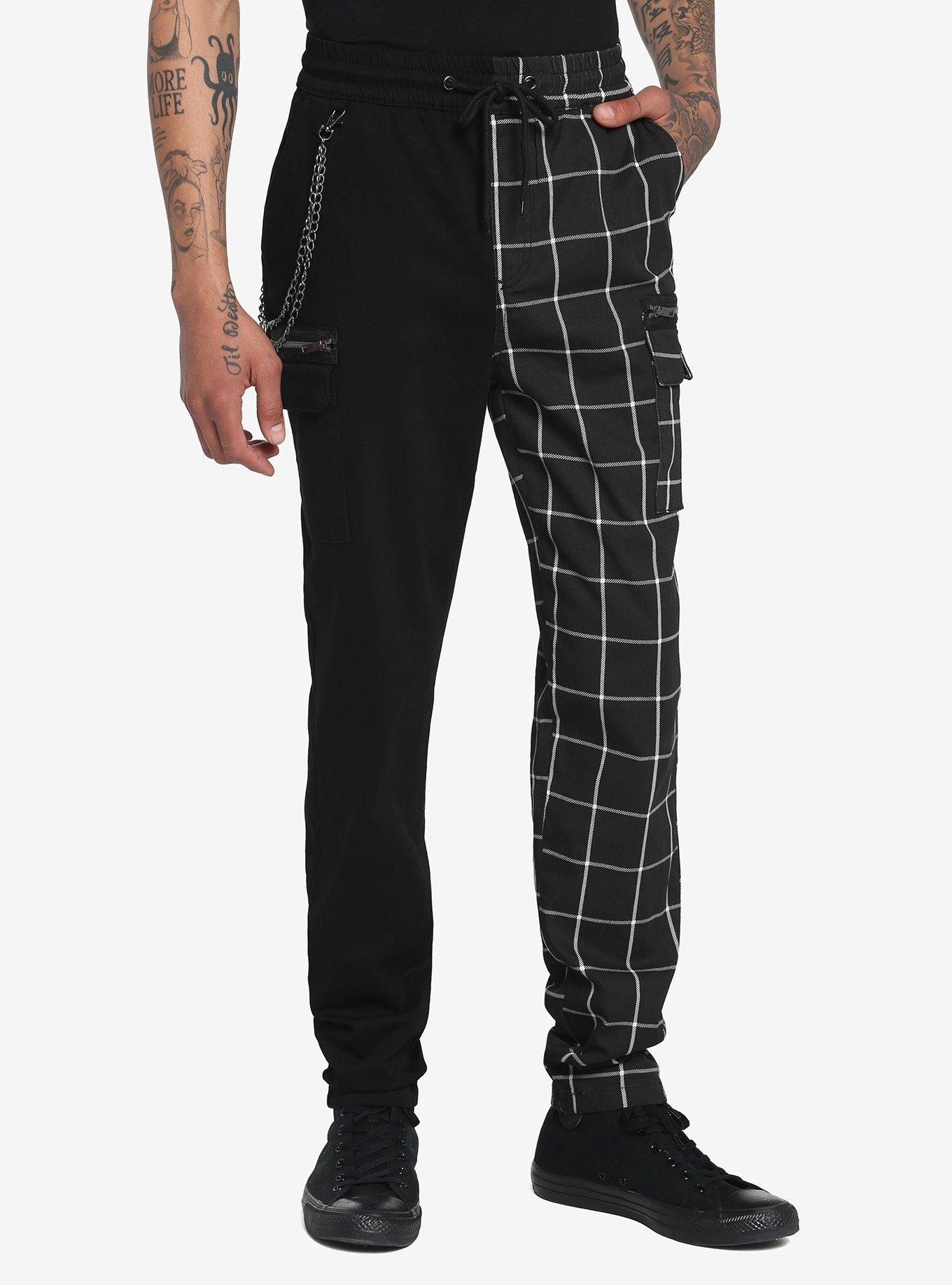 Black & White Split Grid Jogger Pants, BLACK  WHITE, hi-res