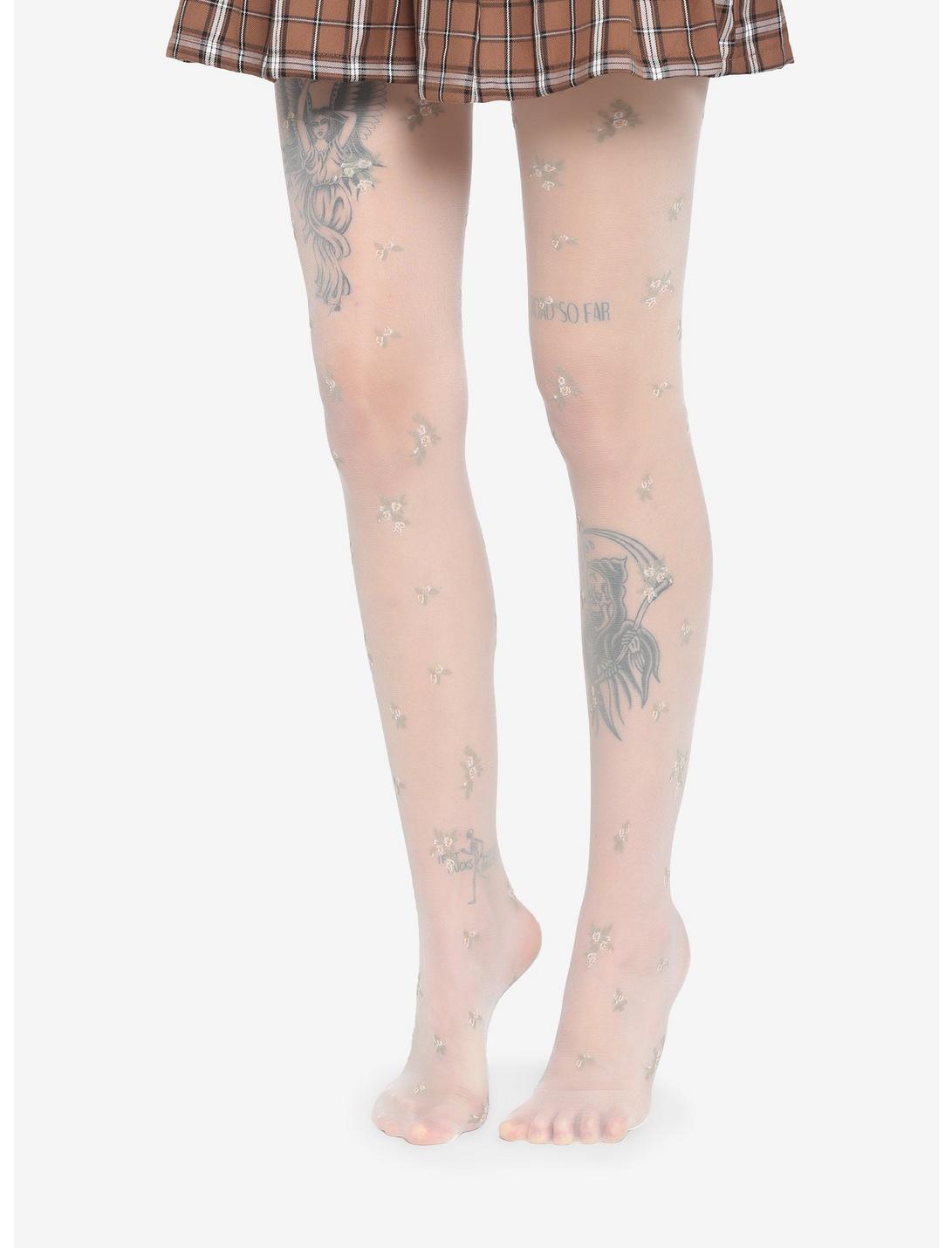 White Dainty Floral Tights, , hi-res