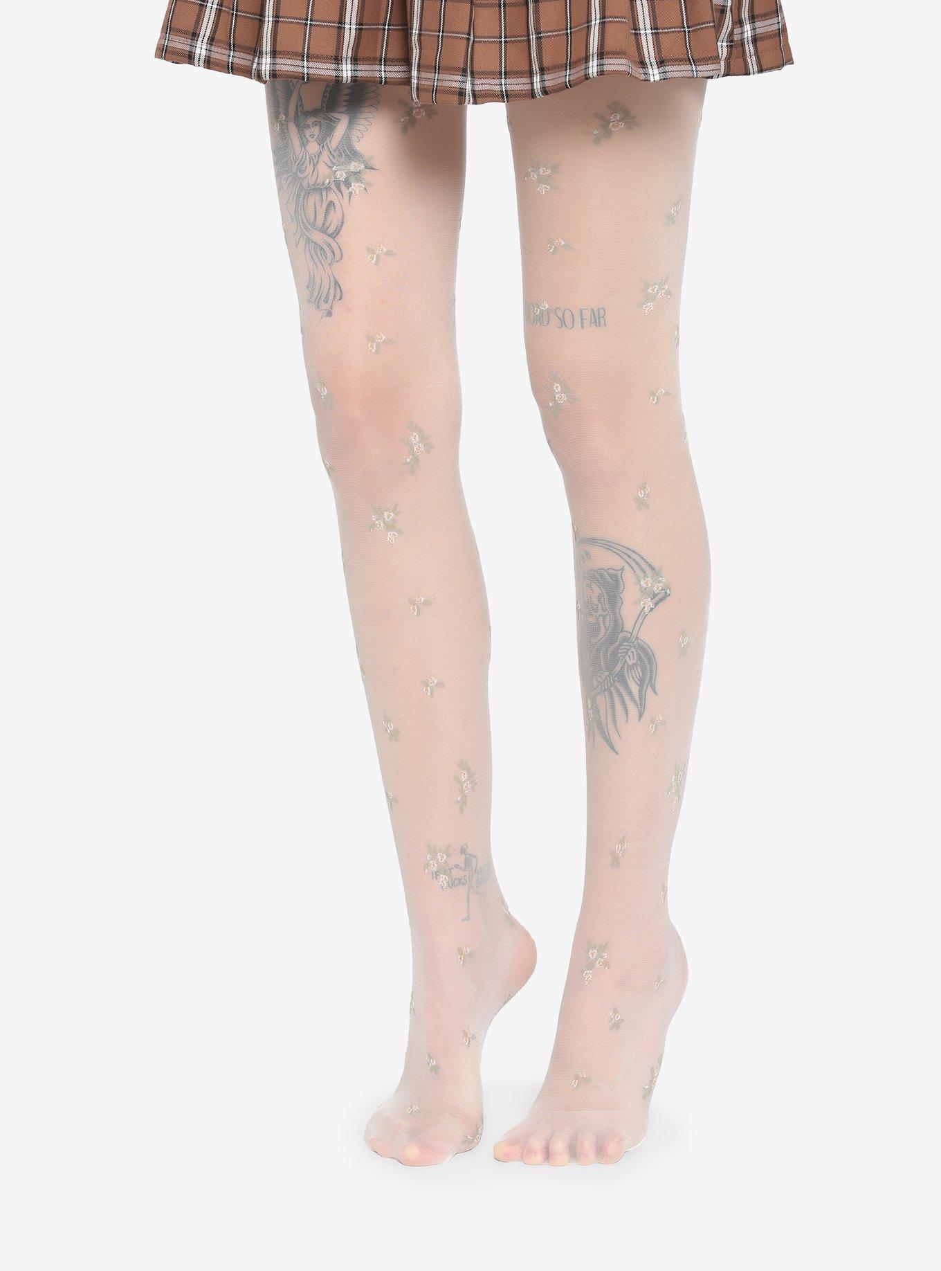 White Dainty Floral Tights, , hi-res