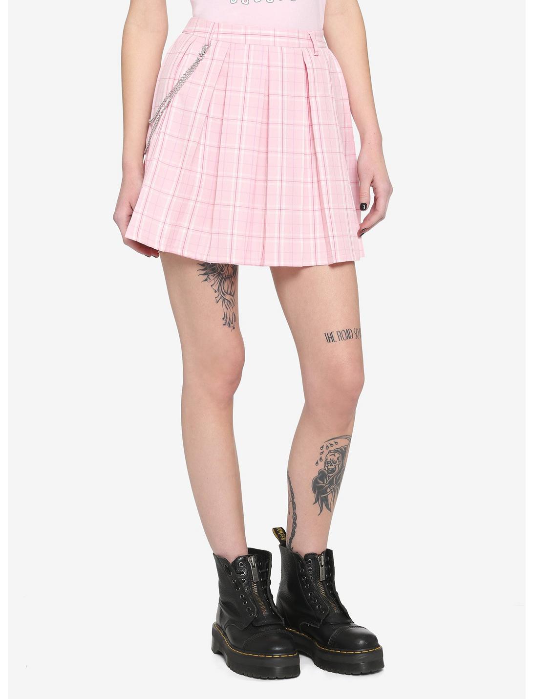 Pink Plaid Chain Pleated Skirt, PLAID - PINK, hi-res