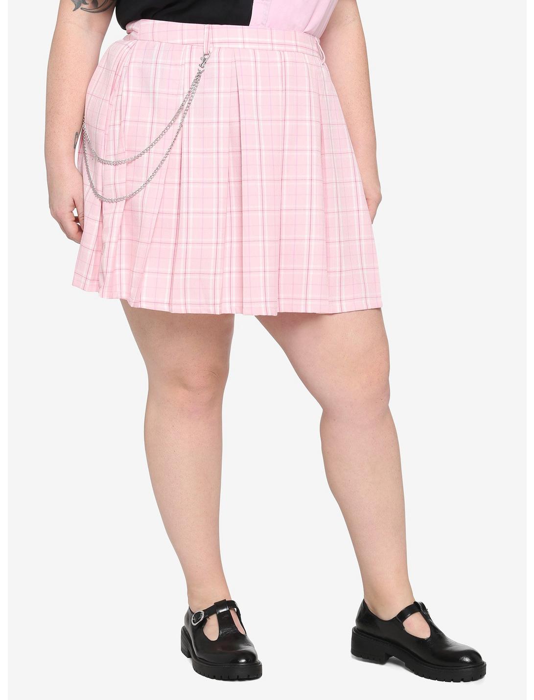 Pink Plaid Chain Pleated Skirt Plus Size, PLAID - PINK, hi-res