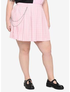 Pink Plaid Chain Pleated Skirt Plus Size, , hi-res