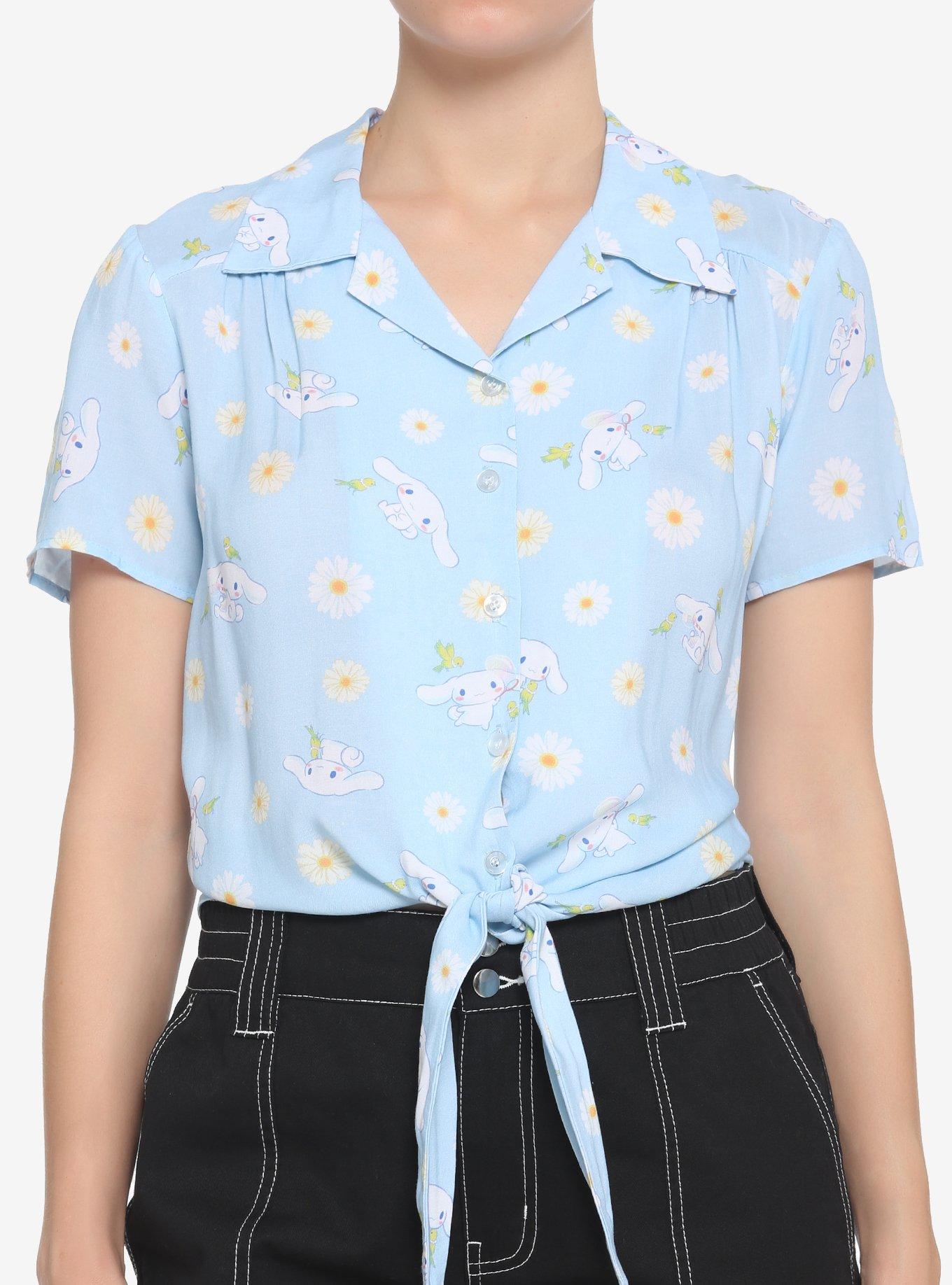 Cinnamoroll Flowers Tie-Front Girls Woven Button Up, MULTI, hi-res