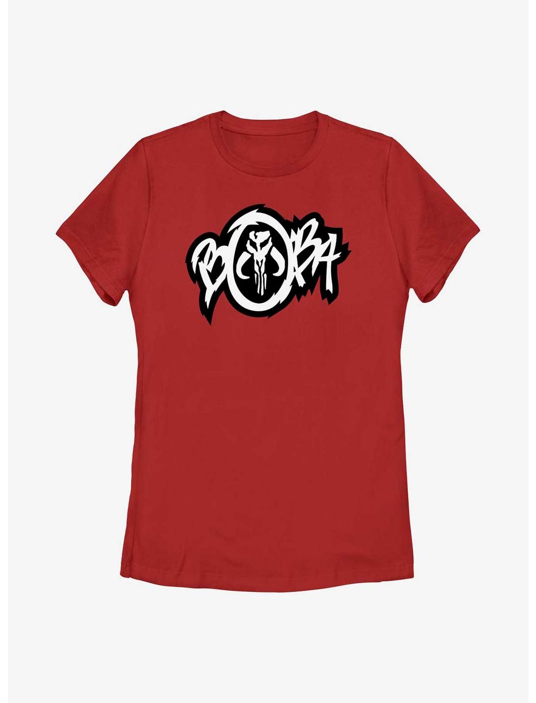 Star Wars: The Book Of Boba Fett Mandalorian Skull Graffiti Logo Womens T-Shirt, RED, hi-res