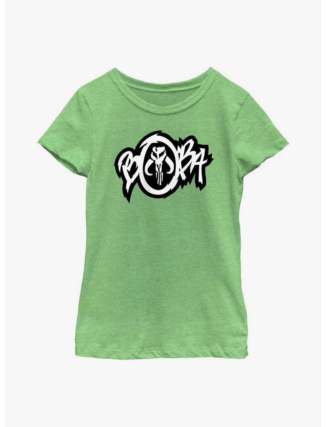 Star Wars: The Book Of Boba Fett Mandalorian Skull Graffiti Logo Youth Girls T-Shirt, GRN APPLE, hi-res
