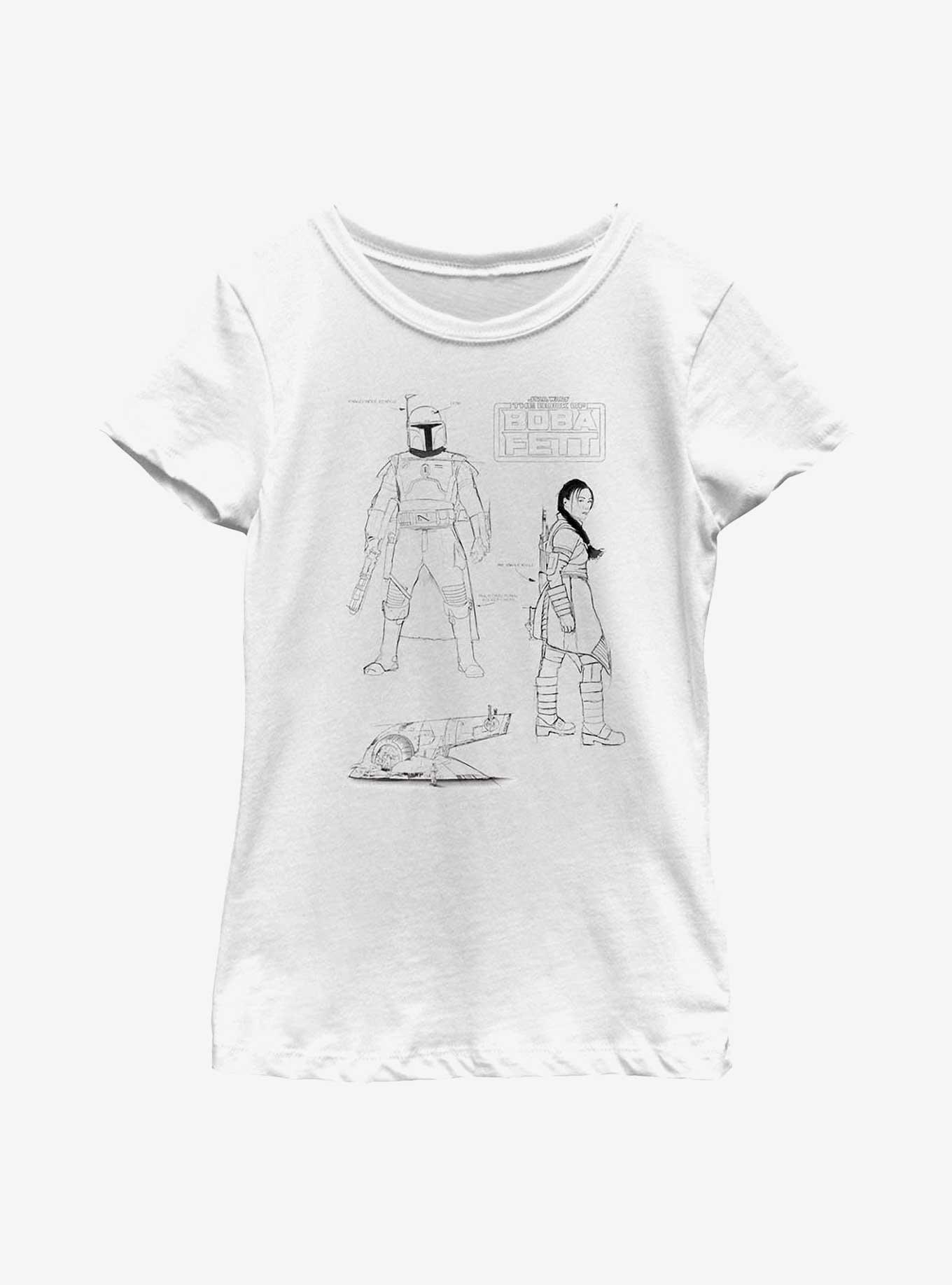 Star Wars: The Book Of Boba Fett Textbook Sketches Youth Girls T-Shirt, WHITE, hi-res view 1