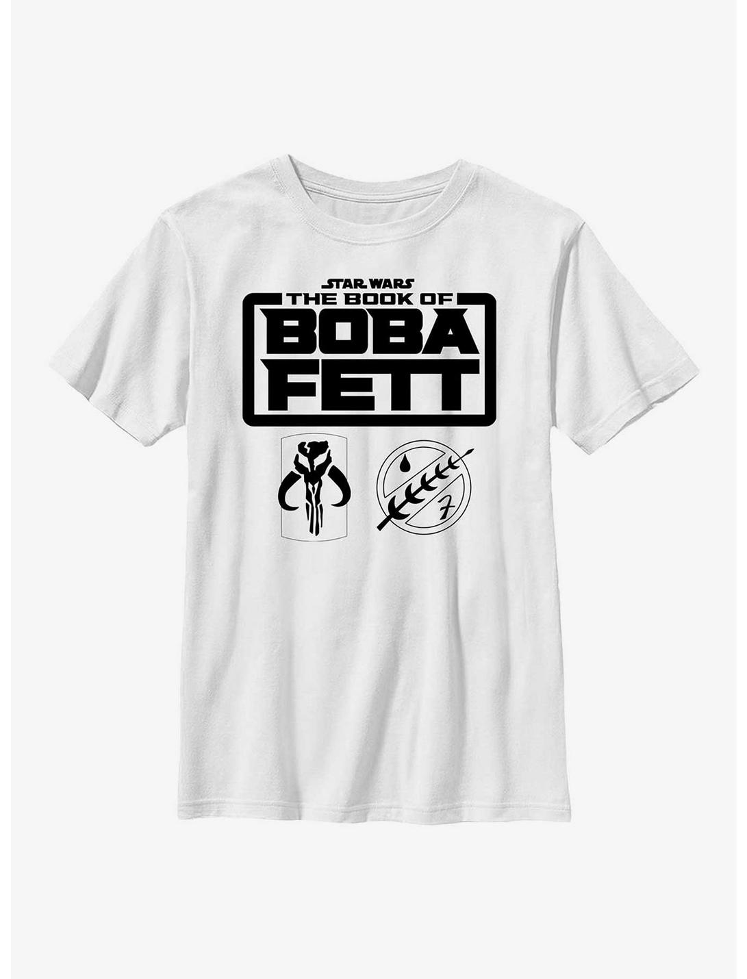 Star Wars: The Book Of Boba Fett Armor Logos Youth T-Shirt, WHITE, hi-res