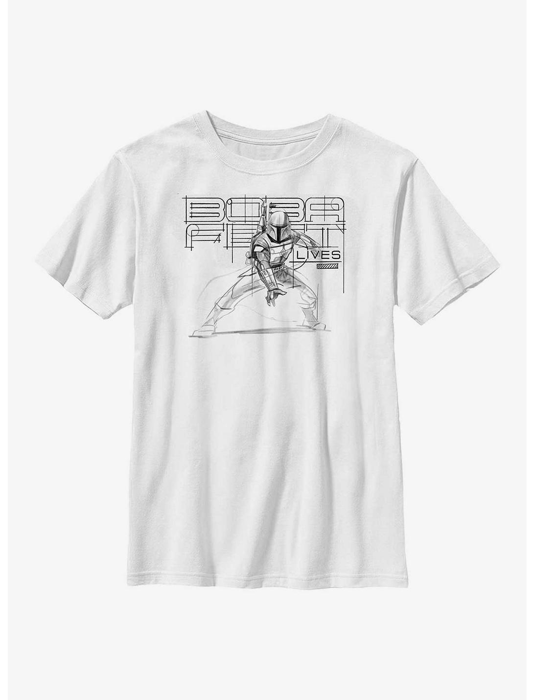 Star Wars: The Book Of Boba Fett Boba Fett Lives Pencil Sketch Youth T-Shirt, WHITE, hi-res