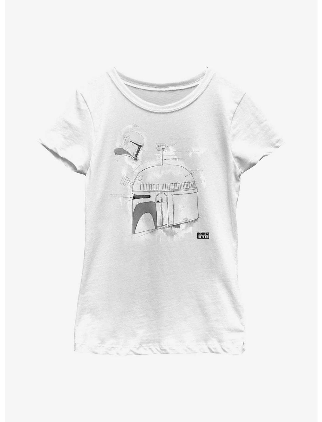 Star Wars: The Book Of Boba Fett Grayscale Helmet Sketch Youth Girls T-Shirt, WHITE, hi-res