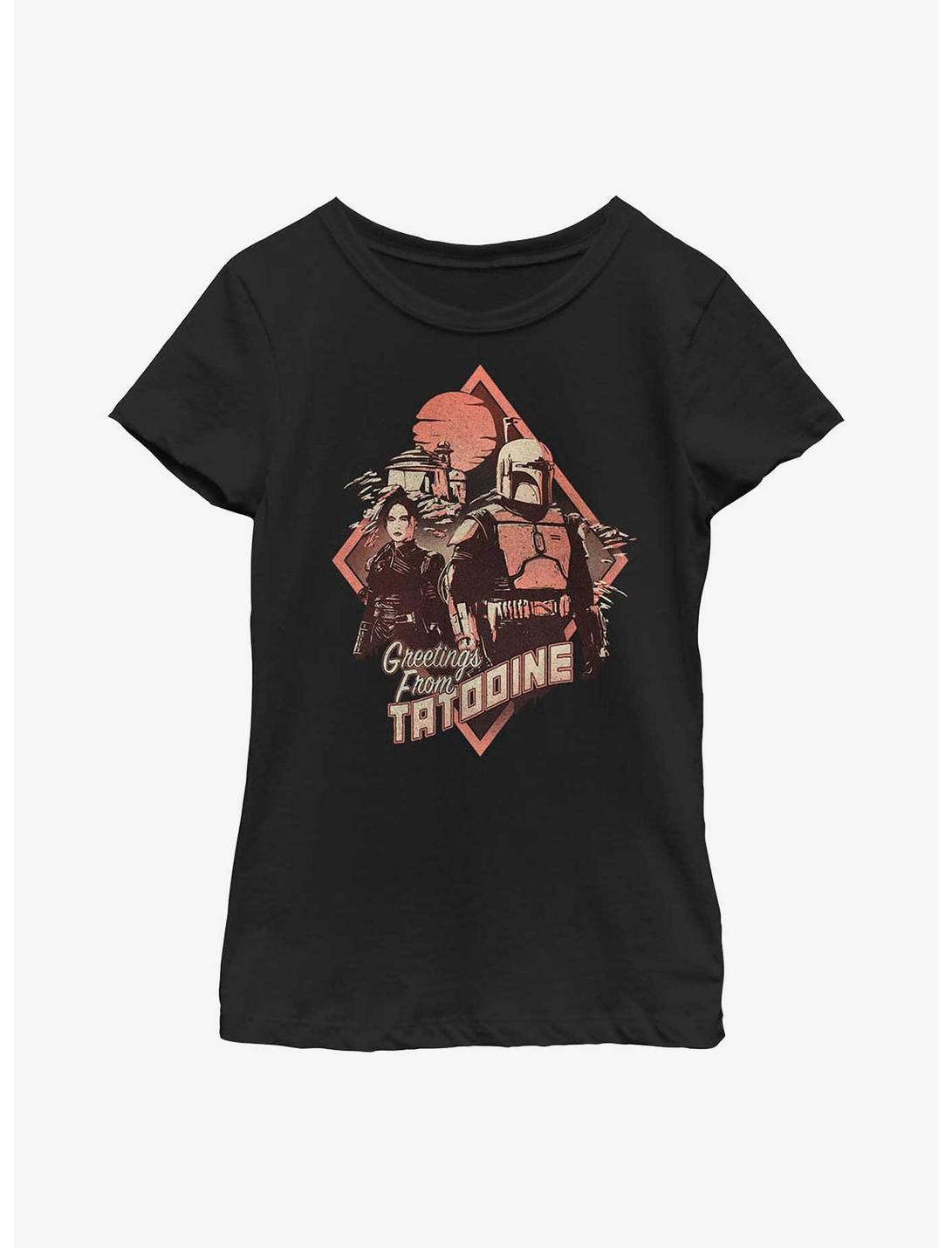 Star Wars: The Book Of Boba Fett Greetings From Tatooine Fennec & Boba Youth Girls T-Shirt, BLACK, hi-res