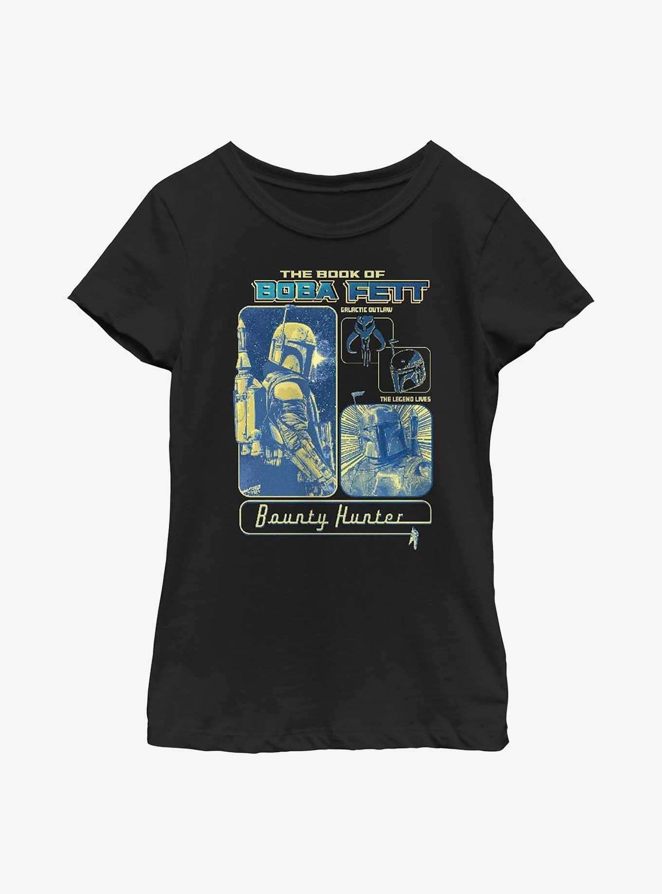 Star Wars: The Book Of Boba Fett Bounty Hunter Panels Youth Girls T-Shirt, BLACK, hi-res