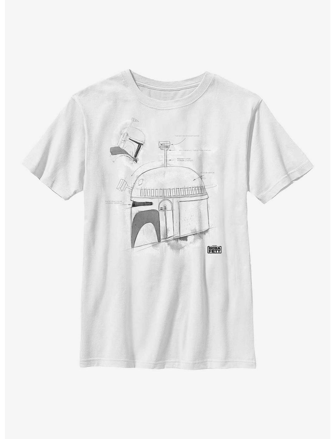 Star Wars: The Book Of Boba Fett Grayscale Helmet Sketch Youth T-Shirt, WHITE, hi-res