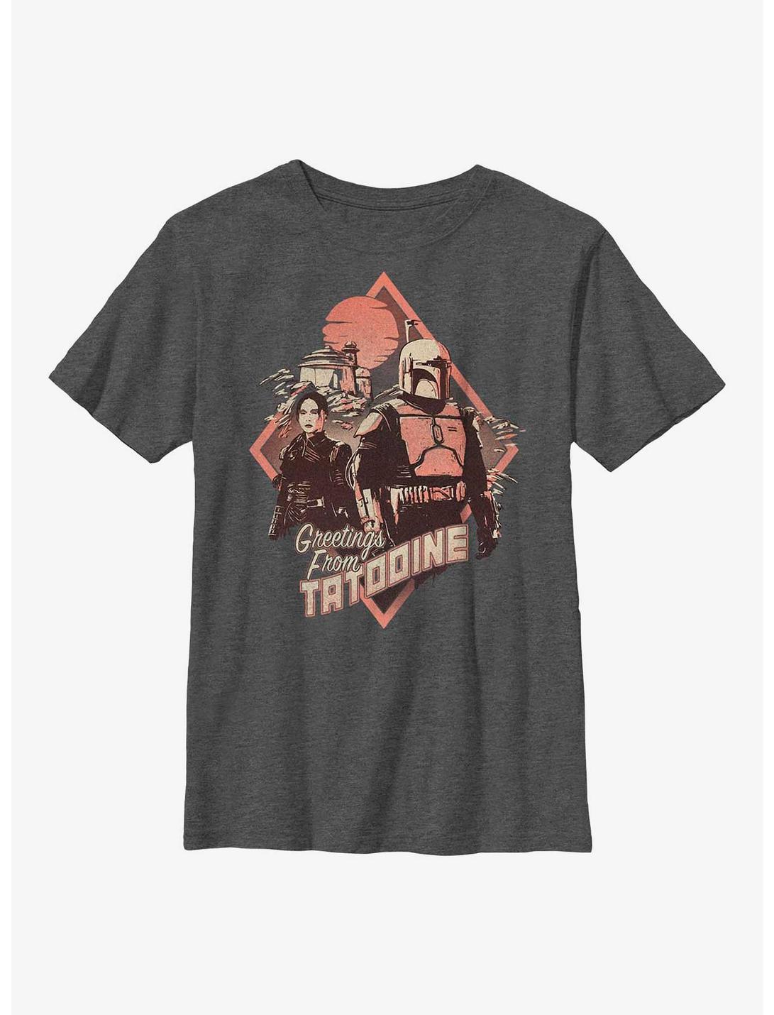 Star Wars: The Book Of Boba Fett Greetings From Tatooine Fennec & Boba Youth T-Shirt, CHAR HTR, hi-res