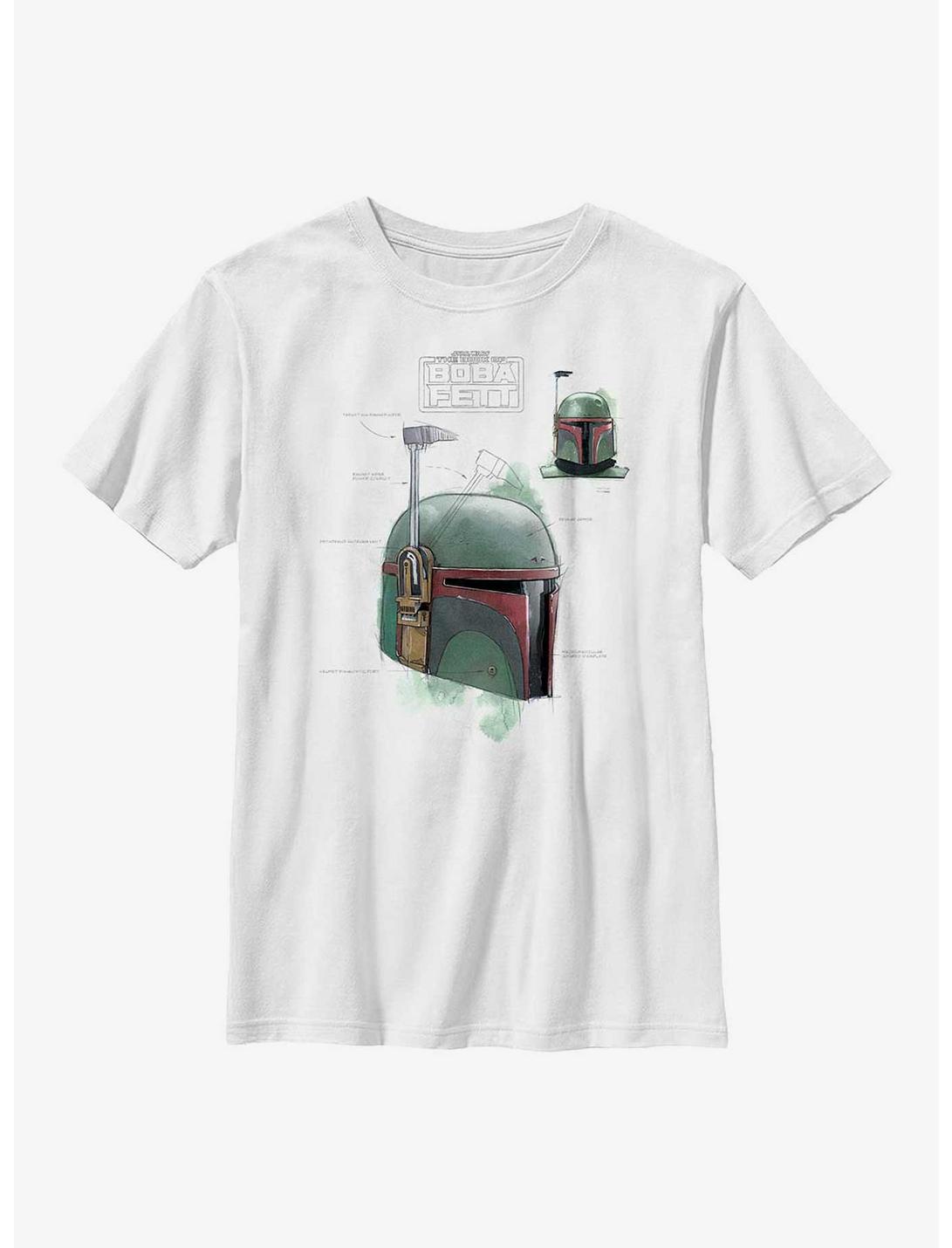 Star Wars: The Book Of Boba Fett Helmet Schematic Painted Youth T-Shirt, WHITE, hi-res