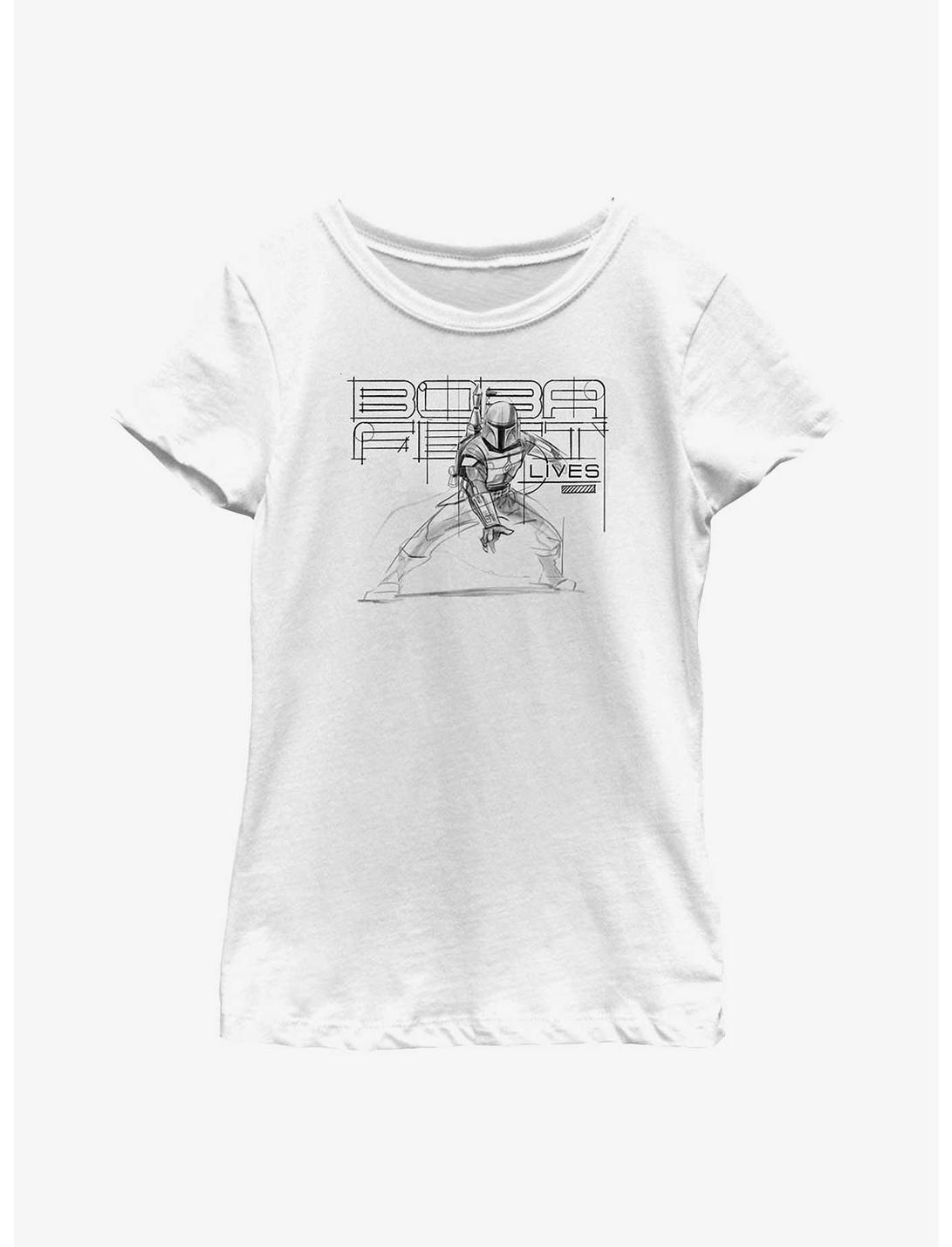 Star Wars: The Book Of Boba Fett Boba Fett Lives Pencil Sketch Youth Girls T-Shirt, WHITE, hi-res