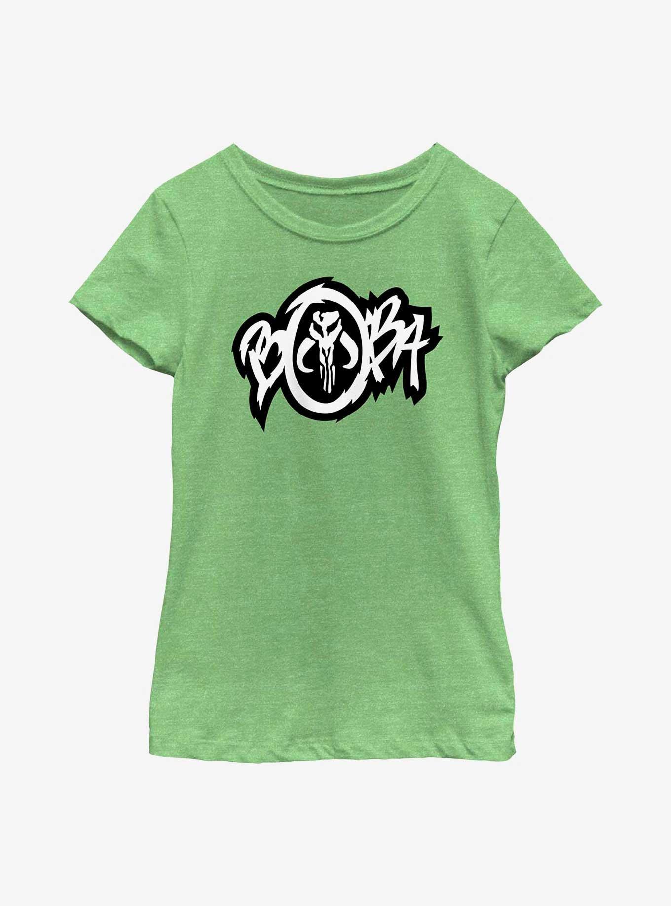 Star Wars: The Book Of Boba Fett Mandalorian Skull Graffiti Logo Youth Girls T-Shirt, GRN APPLE, hi-res