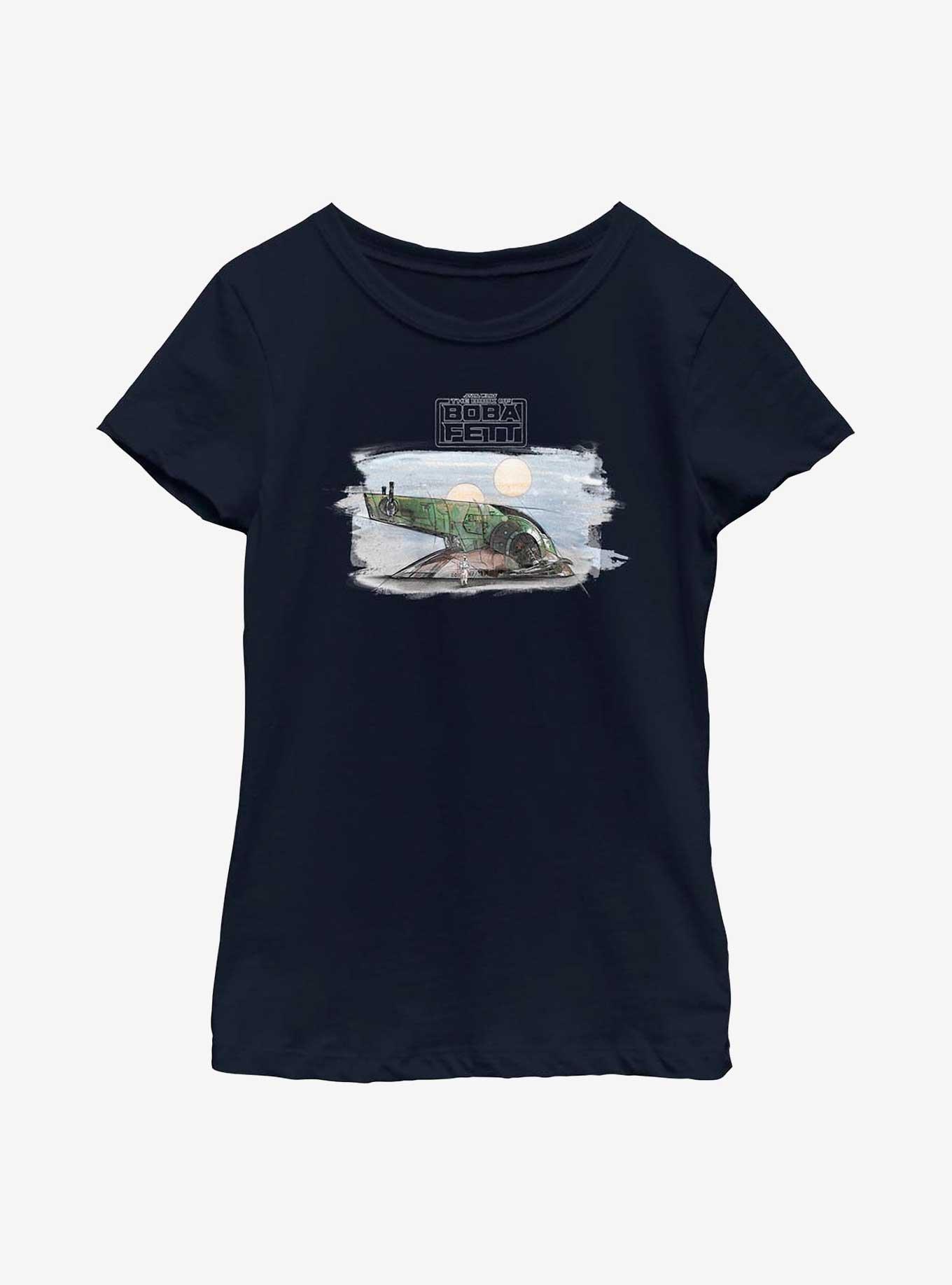 Star Wars: The Book Of Boba Fett Firespray Painted Youth Girls T-Shirt, NAVY, hi-res
