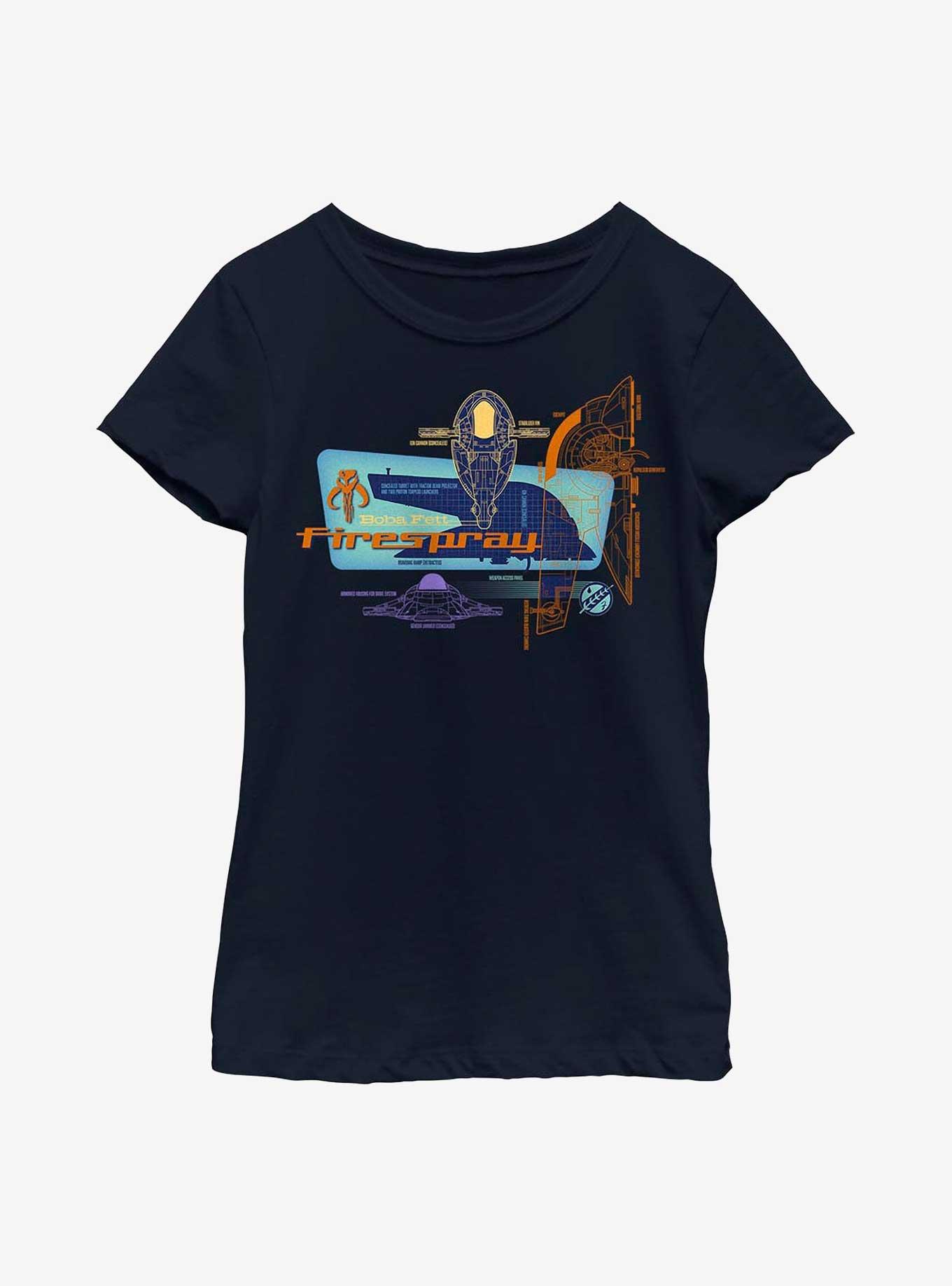 Star Wars: The Book Of Boba Fett Firespray Blueprint Youth Girls T-Shirt, NAVY, hi-res
