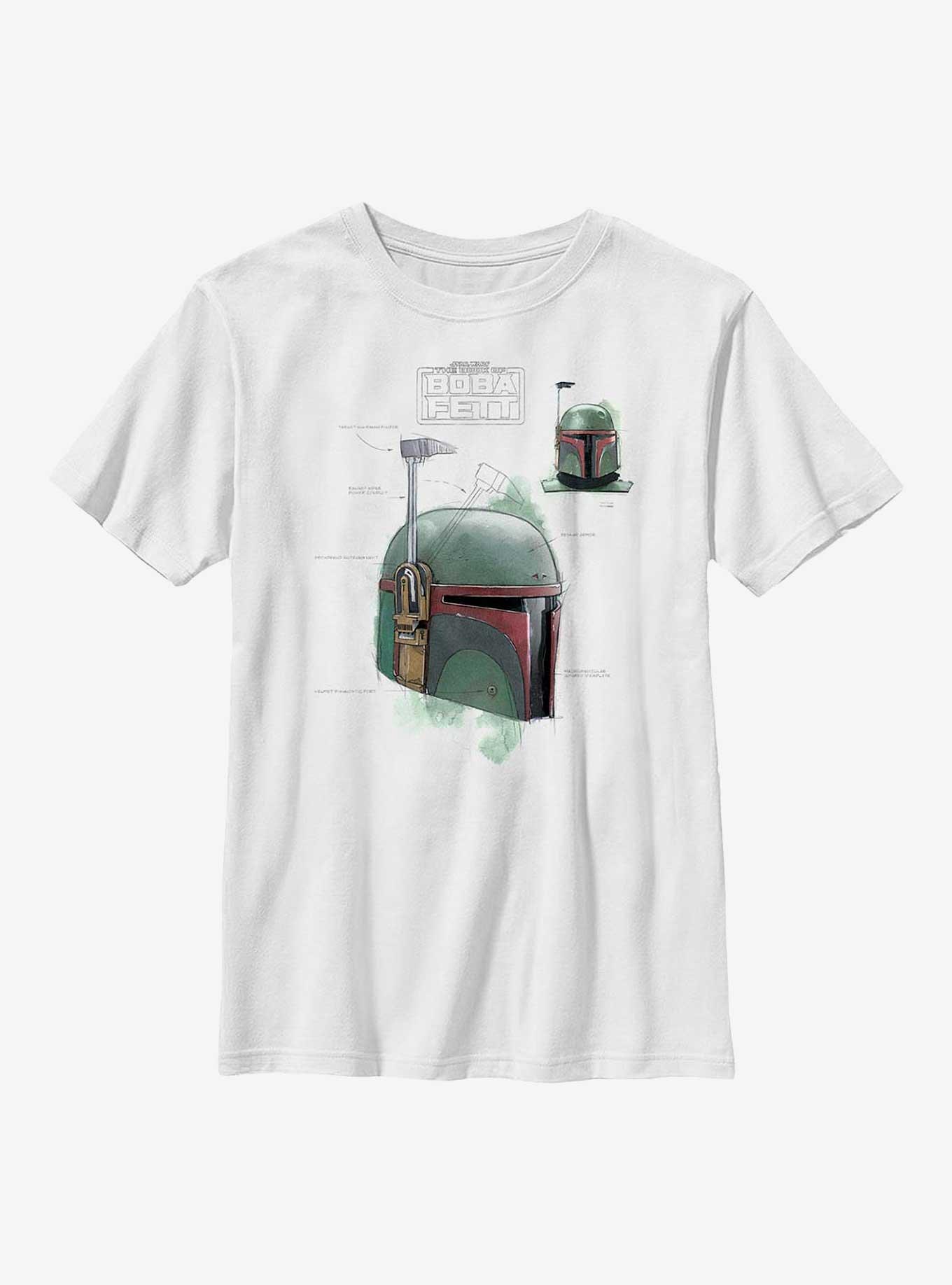 Star Wars: The Book Of Boba Fett Helmet Schematic Painted Youth T-Shirt, WHITE, hi-res