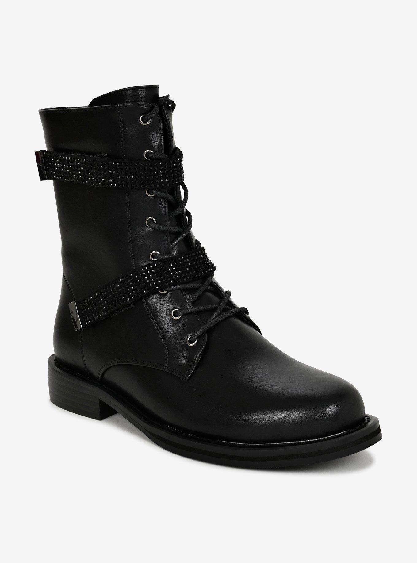 Combat Boot With Rhinestone Straps