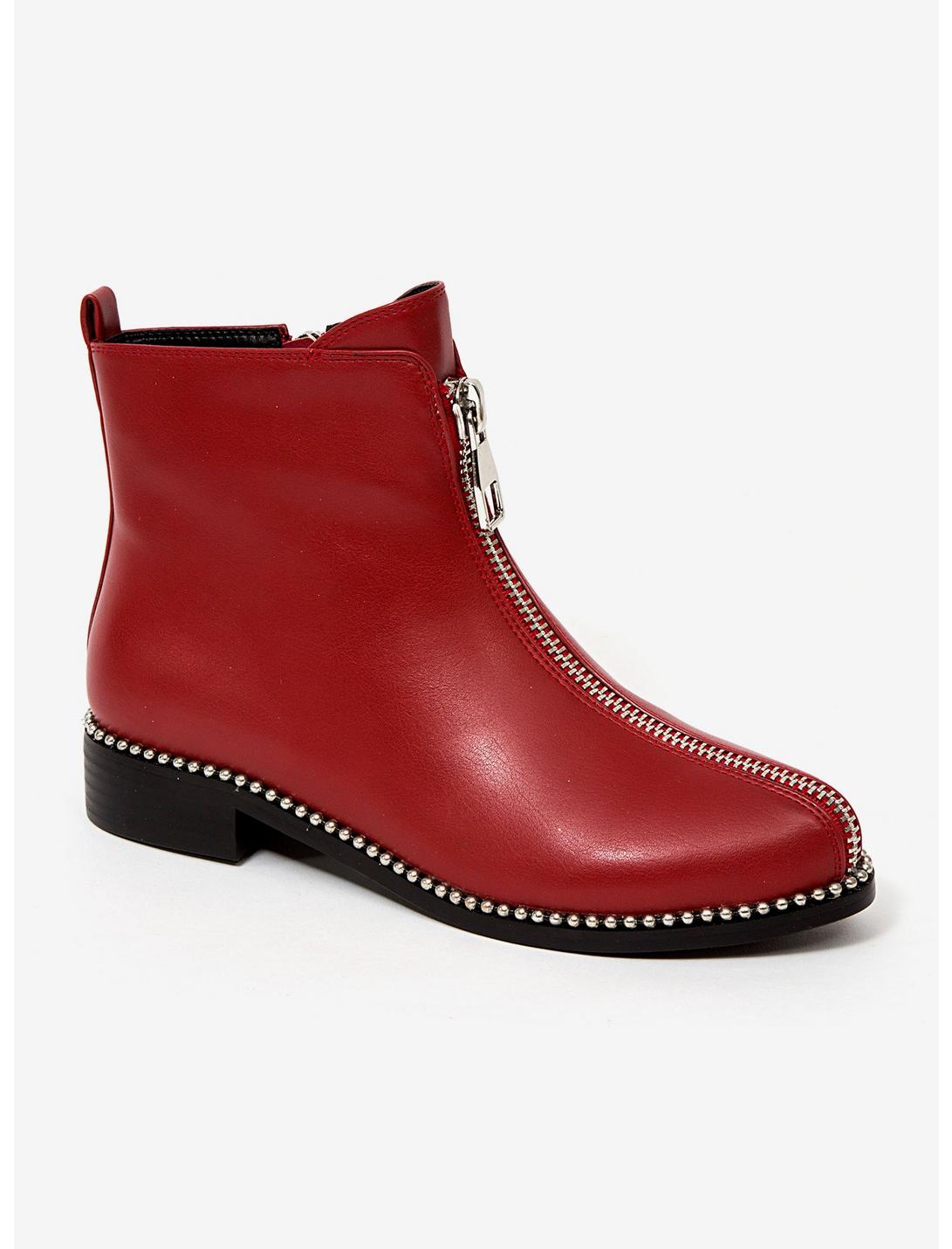 Short Booties With Front Zipper And Studs, RED, hi-res