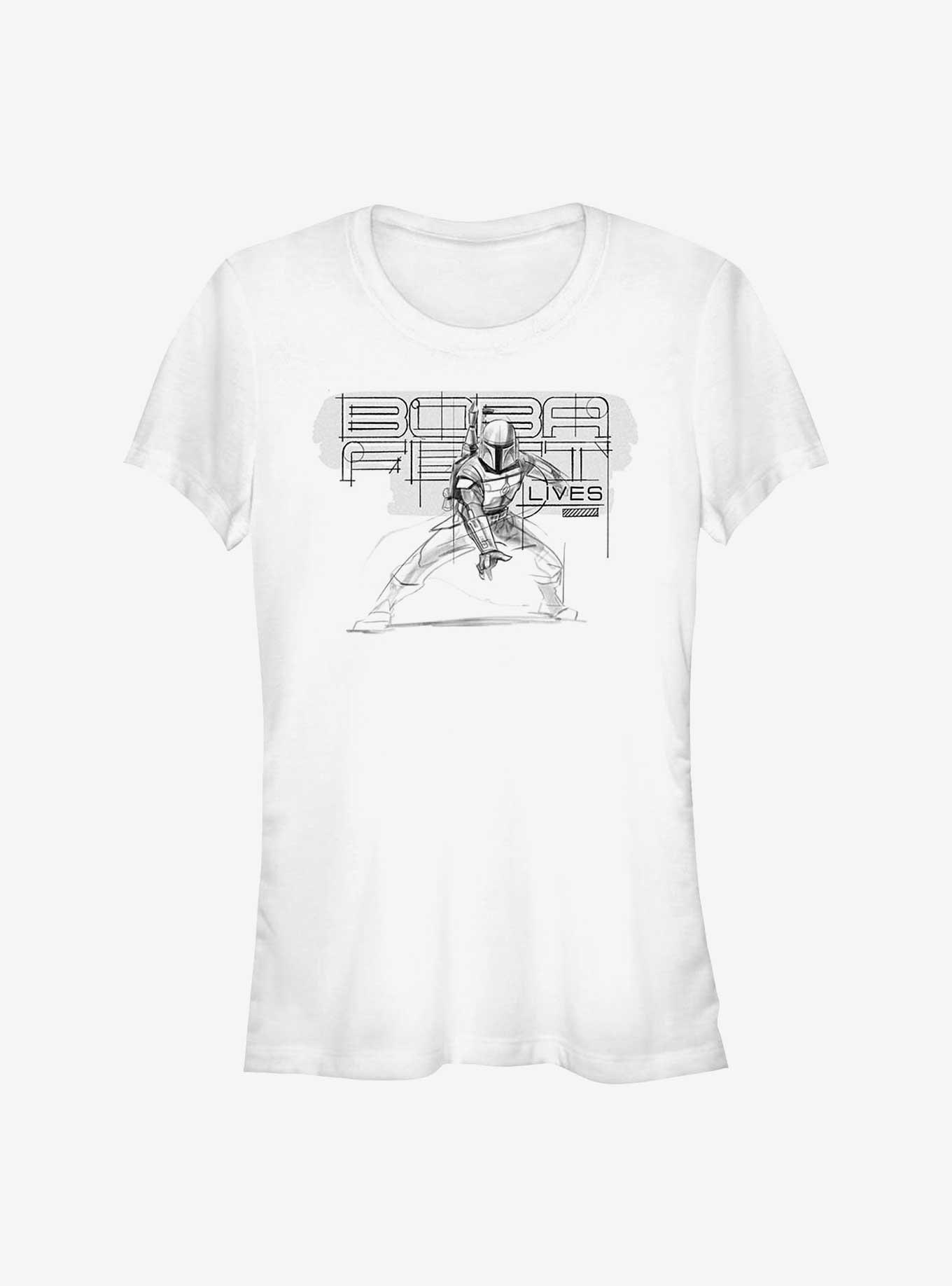Star Wars The Book Of Boba Fett Boba Lives Pencil Sketch Girls T-Shirt, WHITE, hi-res