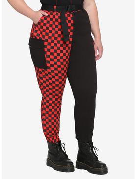 Red & Black Checkered Split Cargo Jogger Pants Plus Size, , hi-res