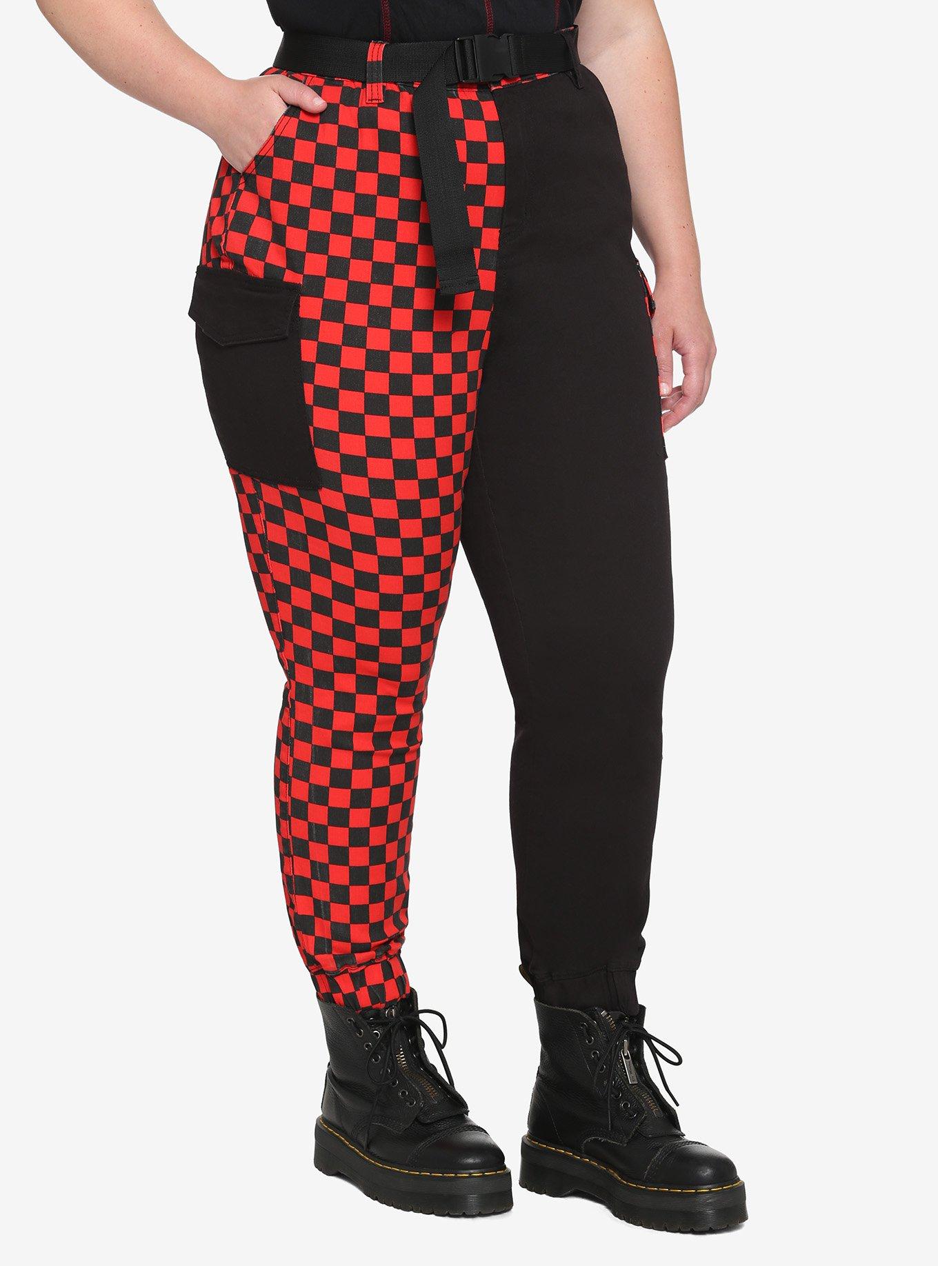 Red & Black Checkered Split Cargo Jogger Pants Plus Size